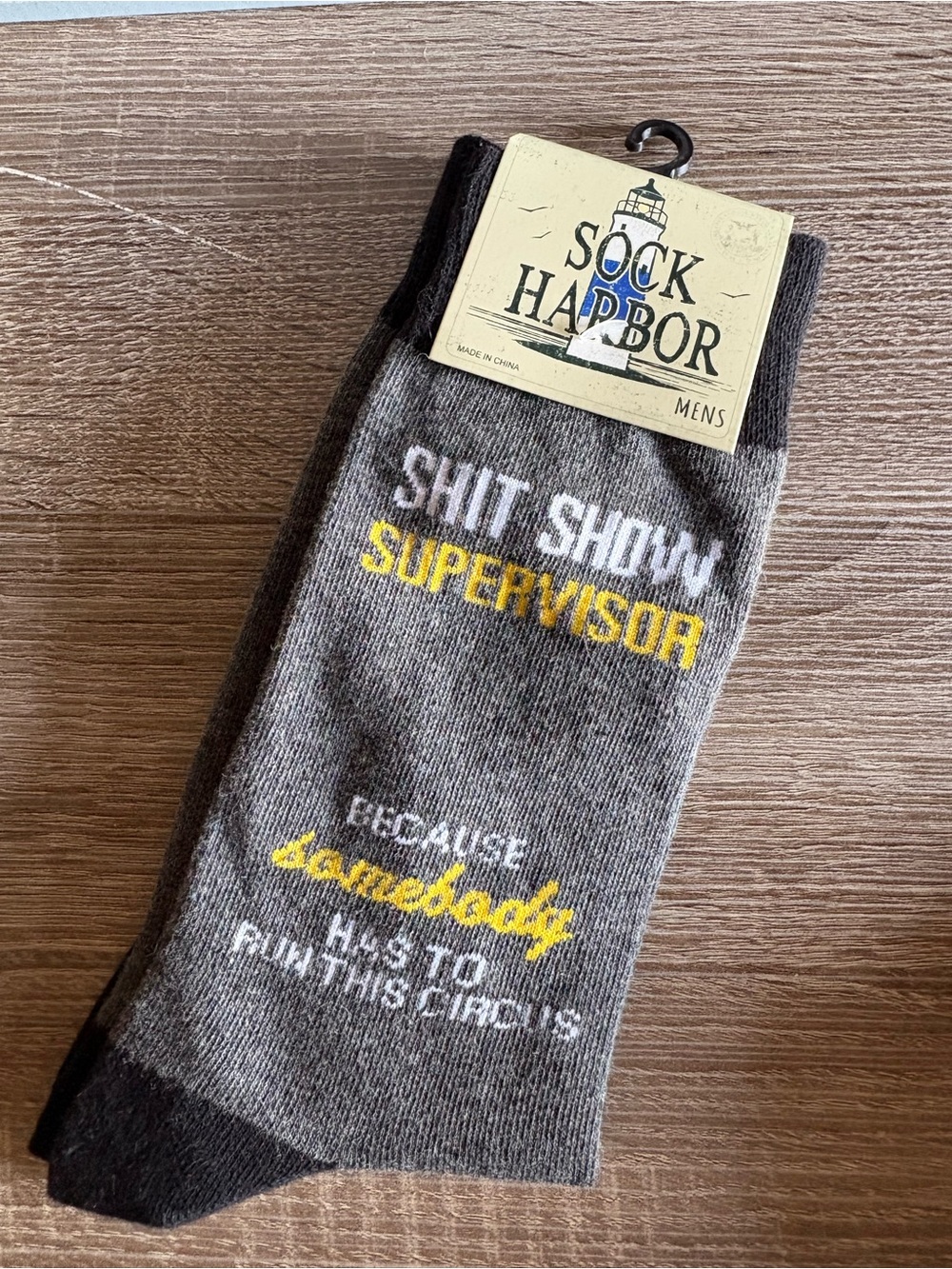 Arbor Gray Crew Socks with Yellow & White Novelty Text